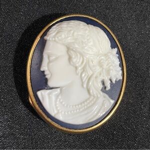 Estee Lauder Blue and Gold Brooch with Classic Cameo Design